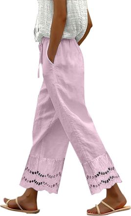 Generic EMUKFD Cropped Trousers Women UK Lightweight Summer Lounge Bottoms Boho Elasticated Waist Drawstring Wide Leg Cropped Trouser Baggy Plus Size Breathab