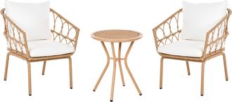 Beliani Conjunto De Muebles De Balc&oacute;n 2 Sillas Y Una Mesa De Centro De Metal Para Exterior Rat&aacute;n Sint&eacute;tico Marr&oacute;n Claro Ferla