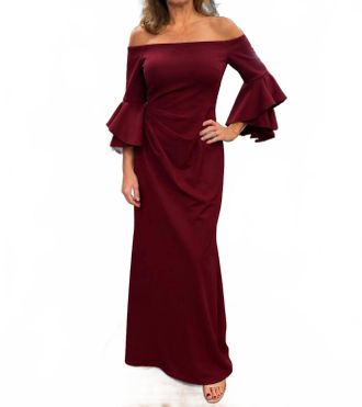 Jovani Off The Shoulder Bell Sleeves Dress In Wine