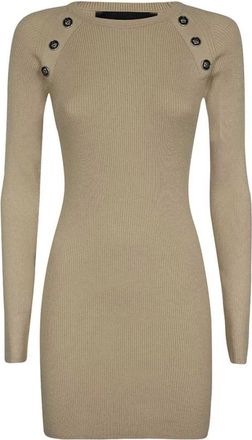John Richmond Geribbelde Gebreide Jurk met Decoratieve Knopen - Dames - Korte kleedjes - Beige - S - Polyester - Kleedjes
