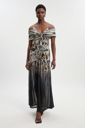 Karen Millen Petite Marble Print Mesh Maxi Dress in Mono at Nordstrom, Size X-Small P