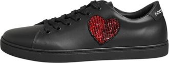 Dolce & Gabbana Zwarte leren kristalhart sneakers - Dames - Veterschoenen - Zwart - 37 1/2 EU - Leer - Schoenen
