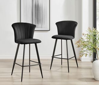 Furniturebox Set of 2 Juniper Soft Touch Velvet Fluted Art Deco Counter Stools With Black Metal Legs