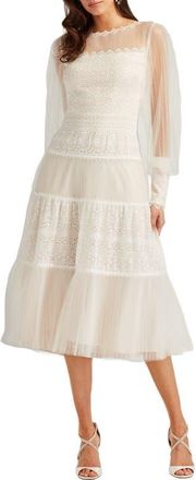 Tadashi Shoji Lace Long Sleeve Midi Dress in Ivory/petal at Nordstrom, Size 12