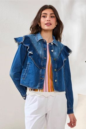 Tribal Fayra Fashion Denim Jacket With Sculpted Ruffle Detail In Dark Pacific