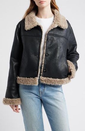 Thread & Supply Faux Shearling Trim Faux Leather Jacket in Black Taupe at Nordstrom Rack, Size Large