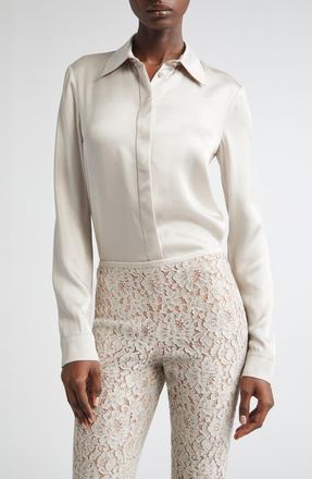 Michael Kors Hansen Charmeuse Button-Up Shirt in Oyster at Nordstrom, Size 4