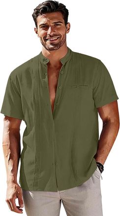 Generic Cotton Linen Shirts for Men Adult Summer Short Sleeve Casual Shirts Stand Collar Regular Fit Shirt Fashion Lightweight Button Down Tshirts Hawaiian We