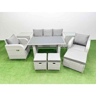 Fimous Outdoor Rattan Garden Furniture Dining Set 8-seater Patio Rectangular Table 3 Seater Sofa Reclining Chair Set with 2 Side Tables 3 Stools - Fimous