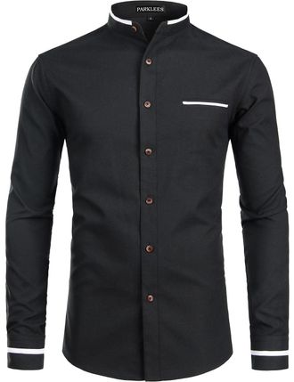 PARKLEES Mens Hipster Design Grandad Collar Oxford Shirt Slim Fit Long Sleeve Casual Button Down Dress Shirts with Pocket EU-PZ113 Black XXX-Large
