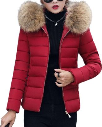 Generic Faux Fur Hooded Jacket Womens Short Puffer Coat Warm Winter Outerwear Lightweight Quilted Casual Coat With Pockets Wine Red X-Large