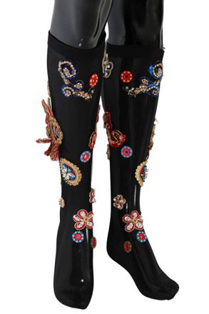 Dolce & Gabbana Black Stretch Carretto Crystal Womens Socks