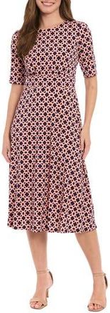 London Times Banded Waist Midi Dress in Navy/Orange at Nordstrom Rack, Size 10P
