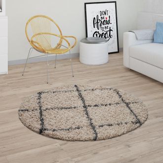 Paco Home Paco Home - Alfombra De Pelo Alto En La Sala De Estar Shaggy Patr&oacute;n De Diamante Escandinavo Beige Grey &Oslash; 200 Cm Redondo