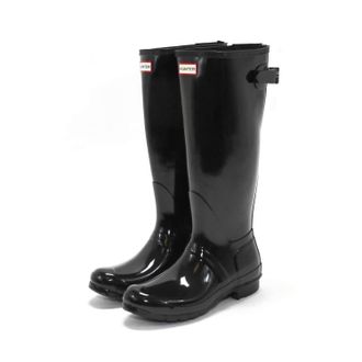 Hunter Womens Original Tall Back Adjustable Gloss Rain Boots In Black