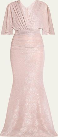 Talbot Runhof Floral Metallic Draped V-Neck Gown