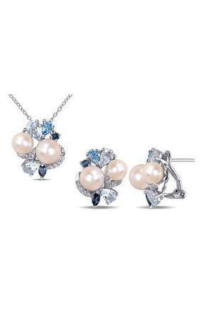 Delmar Created White Sapphire, Blue Topaz & 7.5-8mm Cultured Pearl Earrings & Necklace Set at Nordstrom Rack