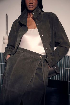 Karen Millen Womens Suede High Collar Pocket Jacket - Khaki Leather - Size 10 UK
