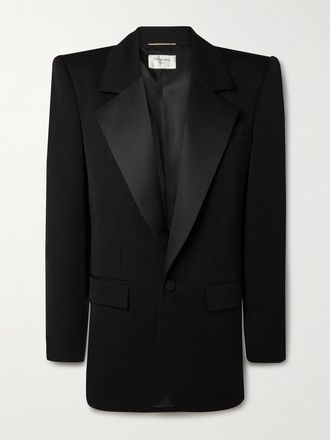 Saint Laurent Blazer In Lana Grain De Poudre E Raso Di Seta - Nero