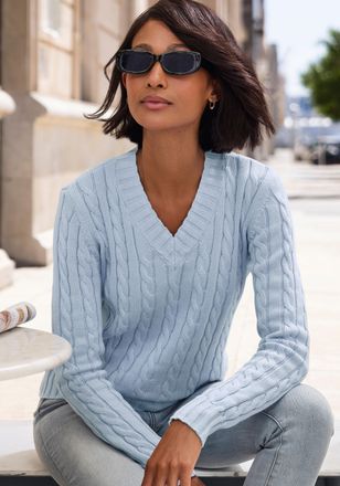 Lascana V-Ausschnitt-Pullover LASCANA, Damen, Gr. 32/34, hellblau, Strick, Obermaterial: 50% Baumwolle, 50% Polyacryl, Zopfmuster, figurumspielend h&uuml;ftlang, V