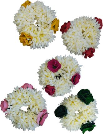 Generic 5 Pices Artificial Jasmine Gajra With Flowe For Hair, Floral Burn Reusable Gajra, Haldi Nikha Floral Hand Band,Bridal Hair Accessories (Dark Green)