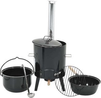vidaXL Goulash Cannon with Chimney and Lid Black Enamelled Steel vidaXL