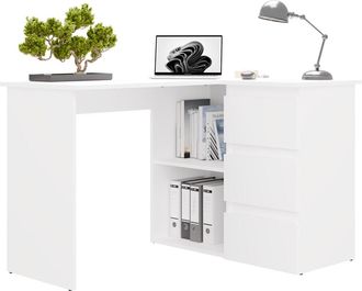 Topeshop Nicea - Escritorio De Esquina Con Almacenaje - 3 Cajones + 2 Estantes - 120x48,5x75 Cm - Escritorio Para Ordenador - Blanco