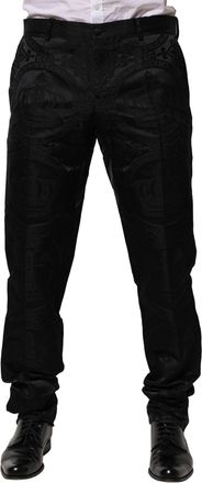 Dolce & Gabbana Mens Black Cotton Dg Crown Dress Pants Silk Polyester