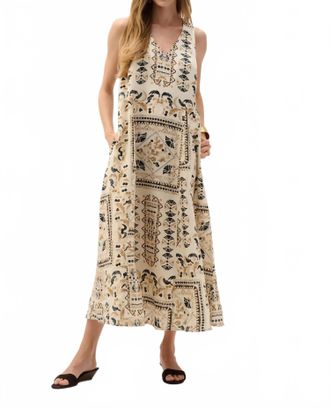 Joseph Ribkoff Linen Scarf Print Maxi A-Line Dress In Beige/multi
