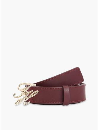 Tommy Hilfiger Womens Script Monogram Buckle Leather Belt - Oxblood - 40
