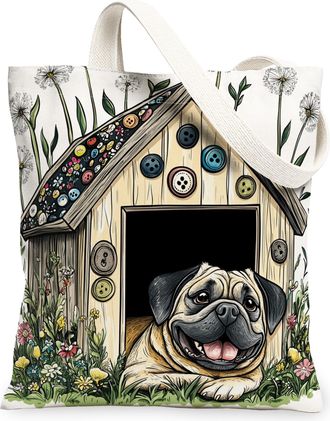 Generic Spring Bullmastiffs Dog Canvas Tote Bag for Shopping 13x15, Fun Flower Puppy Kennel Reusable Grocery Print Pattern Bag for Women, Cute Pet Beach Aesth