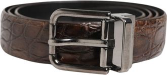 Dolce & Gabbana Brown Leather Silver Tone Metal Buckle Mens Belt