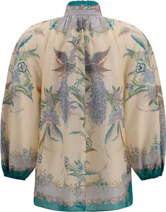 Zimmermann Womens Indra Ruffle Shirt Cream Scarf Floral Cotton; Silk; Metal Fibers