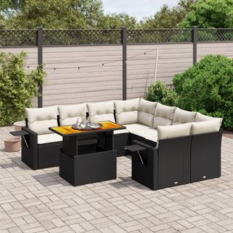 vidaXL Set De Sof&aacute;s De Jard&iacute;n Con Cojines 9 Pzas Rat&aacute;n Sint&eacute;tico Negro Vidaxl