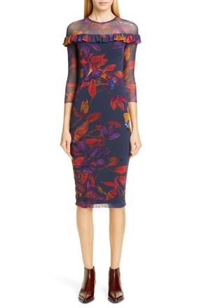 Fuzzi Floral Ruffle Trim Sheer Sleeve Dress in Avio at Nordstrom, Size Large