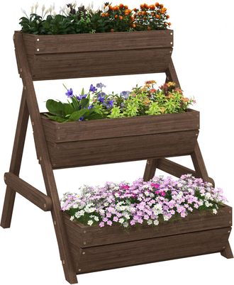 OUTSUNNY 3 Tier Raised Garden Bed Wooden Elevated Planter Box Kit - Tan | TJ Hughes