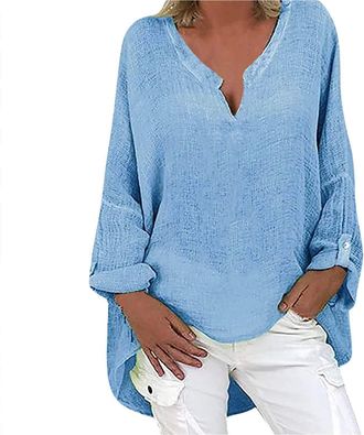 Generic Long Sleeve Womens Deep V-Neck T-Shirt - Womens Autumn Flowy Loose Top - Large Size Summer Top Casual Pure Colours Tunic Breathable Comfortable Fashio