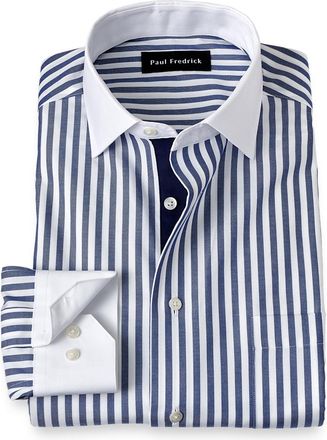 Paul Fredrick Tailored Fit Non-iron Cotton Stripe Dress Shirt With Contrast Trim