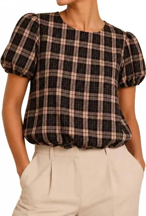 FORE COLLECTION Carmen Bubble Hem Blouse In Mocha Black Plaid
