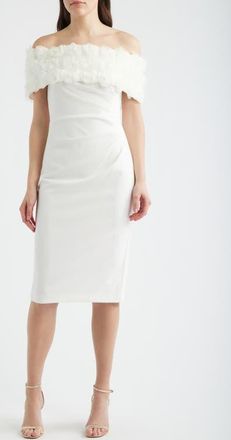 Eliza J Floral Appliqu&eacute; Detail Off the Shoulder Scuba Crepe Sheath Dress in Ivory at Nordstrom, Size 6