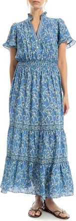 Max Studio Smocked Flutter Sleeve Maxi Dress in Blue Leafy Floral Wave at Nordstrom Rack, Size X-Large