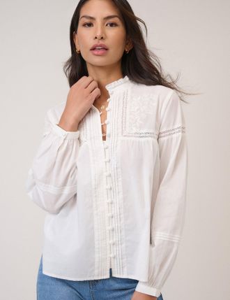 Nobody's Child White Floral Embroidered High Neck Blouse