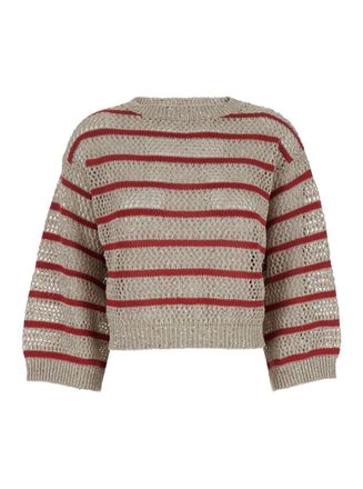 Brunello Cucinelli Dazzling Striped Beige Sweater With Stripe Motid And Openwork Design In Linen Woman