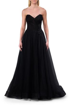 La Femme Strapless A-line Tulle Dress with Floral Waist Detail in Black at Nordstrom, Size 14