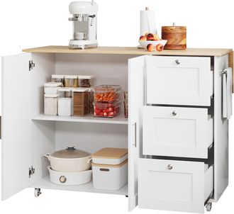 STILVORA Carro De Cocina Con 2 Puertas, 3 Cajones, Encimera Abatible, Toallero Y 5 Ruedas, En Mdf, 135x70x90 Cm