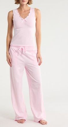 Yogalicious Lettuce Edge Cotton Jersey Long Pajamas in Blossom at Nordstrom Rack, Size X-Small