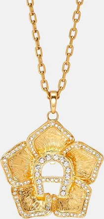 Aigner Gold Tone Crystal Logo Flower Pendant Necklace