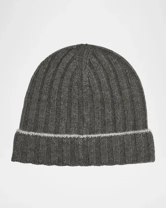 Brunello Cucinelli Men & apos;s Tipped Cashmere Rib-Knit Beanie Hat