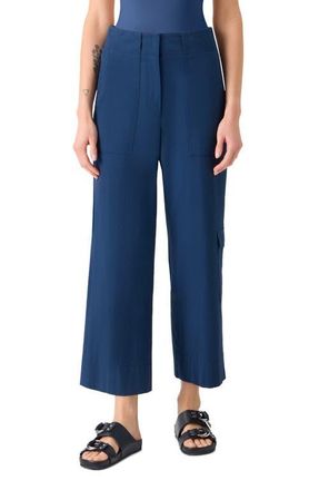 Akris Cliff Cotton Stretch Seersucker Cargo Ankle Pants in Dark Blue at Nordstrom, Size 16