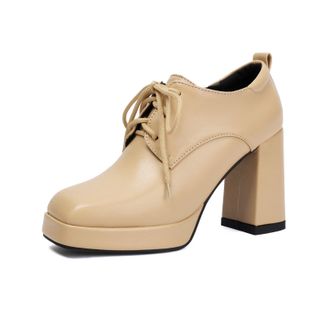 Generic Womens Square Toe Platform Dress Shoes Lace Up Vintage Oxford Shoes Block High Heel Office Shoe,Yellow,4.5 UK